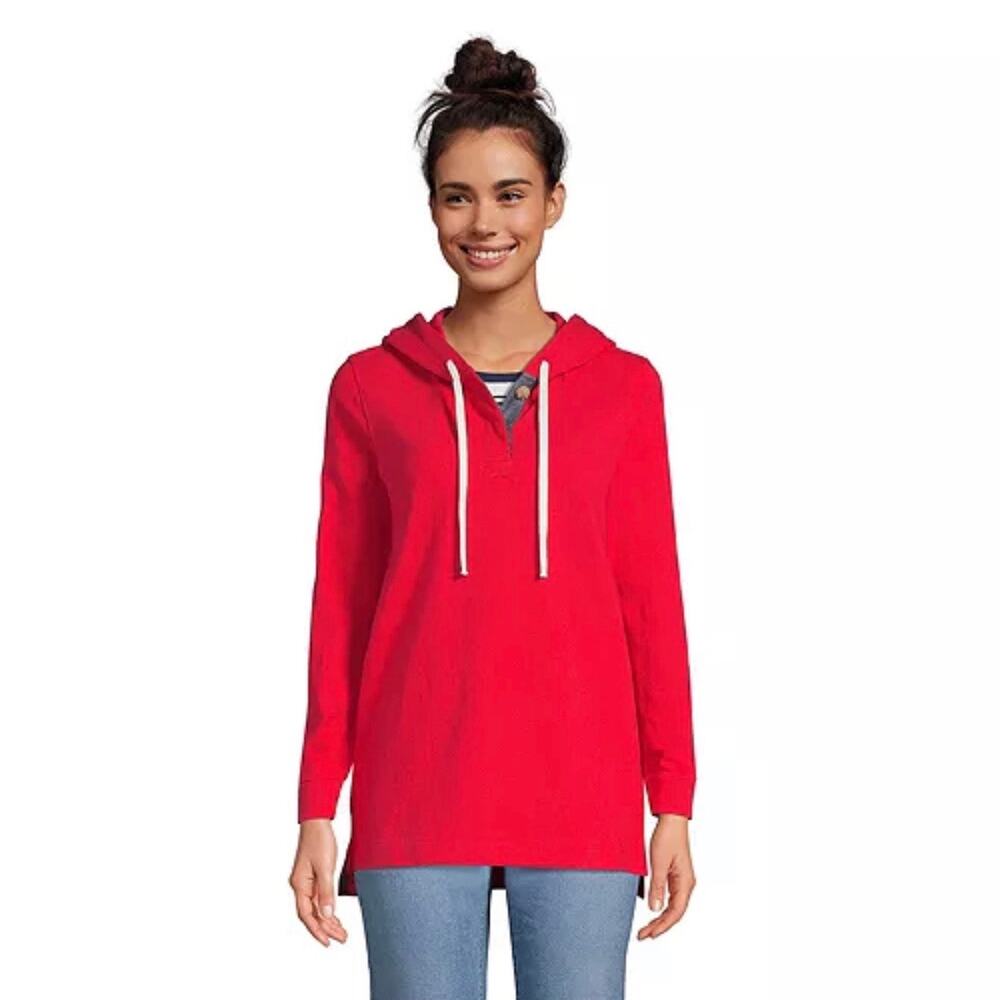 Lands' End Women's Heavyweight Jersey Tunic Hoodie Red Button Front - Small‎